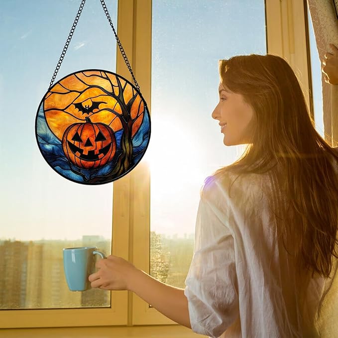 Stained Glass Window Hanging, Pumpkin Bat Moon Tree Suncatcher for Doors Home Sun Catchers Decoration and Christmas, Mother's Day Birthday Gifts for Women, Men, and Mom 14.9x14.9 in