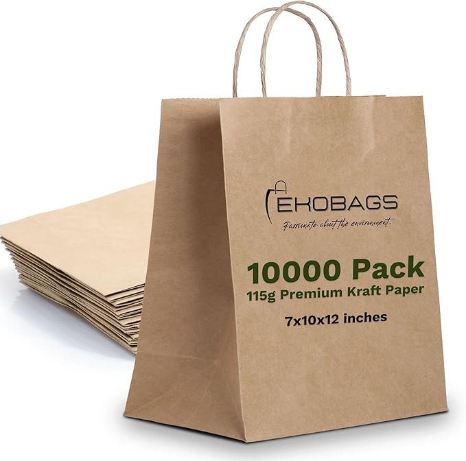10.000 PACK | EKOBAGS | Granvia 10x7x12 inches, Kraft Paper Gift Bags with Handles | 115 GSM Brown Paper Bags for Small Business, Shopping & Party Favors | Recyclable | Holds up to 13.8L/8 lbs.