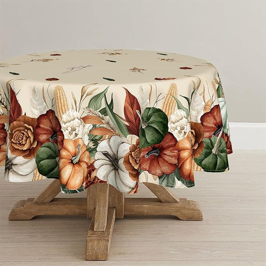 Horaldaily Fall Tablecloth 90×90 Inch Round, Flower Autumn Harvest Pumpkin Washable Seasonal Table Cover for Party Picnic Dinner Decor