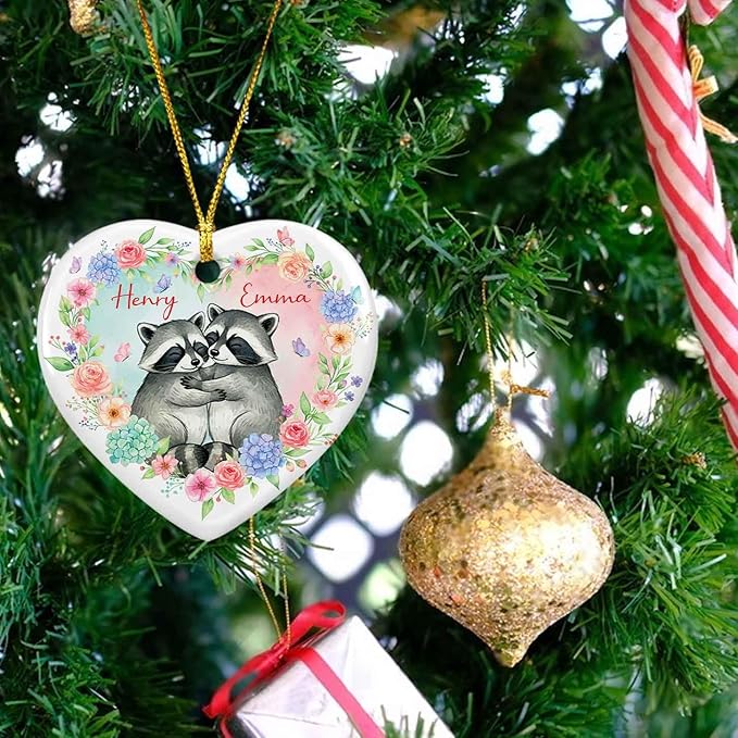 Custom Raccoon Couple Christmas Ornament 2025, Raccoon Floral and Butterfly Ceramic Ornament, Engagement Dating Keepsake Gifts for Men Women, Personalized Names Couple Raccoons Ornaments Xmas