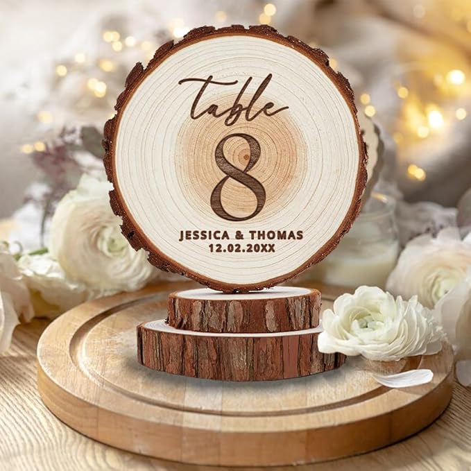 Rustic Wedding Decor - Table Number Personalized Laser Engraved Wood Slice - Wedding Cake Toppers - Custom Anniversary Keepsake and Cake Decor - Custom Plaqu Table of 1, 2, 3, 4, 5, 6, 7, 8