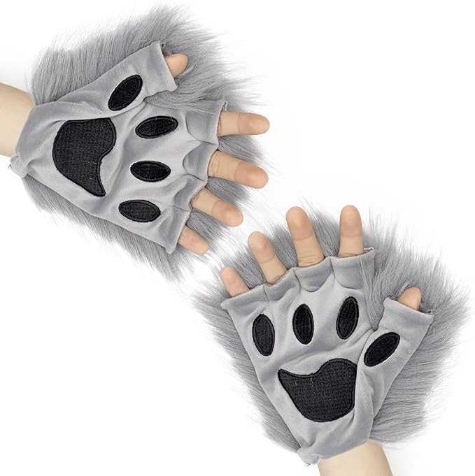 HAOAN Furry Fox Mask Wolf Fox Tail and Paw Gloves Set Adult Cat Halloween Mask Cosplay Animal Party Costume