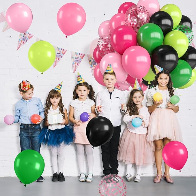 Pink Green and Black Balloons,12 Inch Hot Light Pink Dark Green Black with Confetti Balloon for Birthday Baby Shower Princess Witch Party Decorations