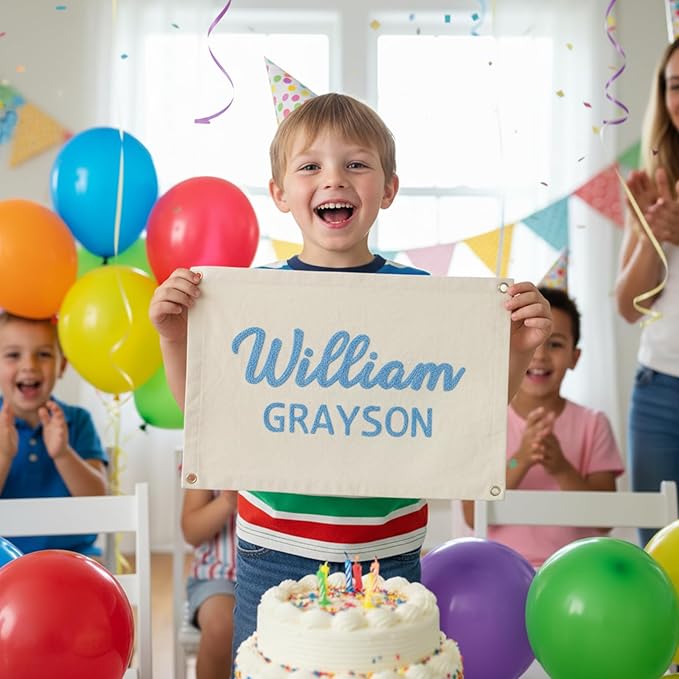 Personalized Hand Embroidered Baby Name Banner, Custom Name Canvas Nursery Sign for Kids Room Bedroom, Customized Nursery Sign Decor for Boys & Girls, Baby Shower Birthday Party Gift