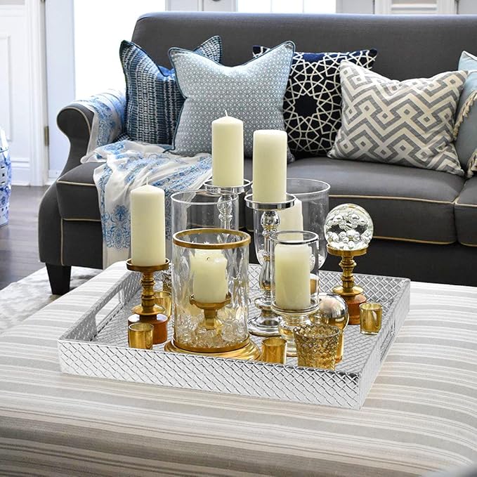 HofferRuffer Rectangle Serving Tray with Hole Handles for Coffee Table, Breakfast, Tea, Food, Butler - Countertop, Kitchen, Vanity Serve Tray, 16.2 x 12.2 x 2 inches, Faux Leather (Silver)