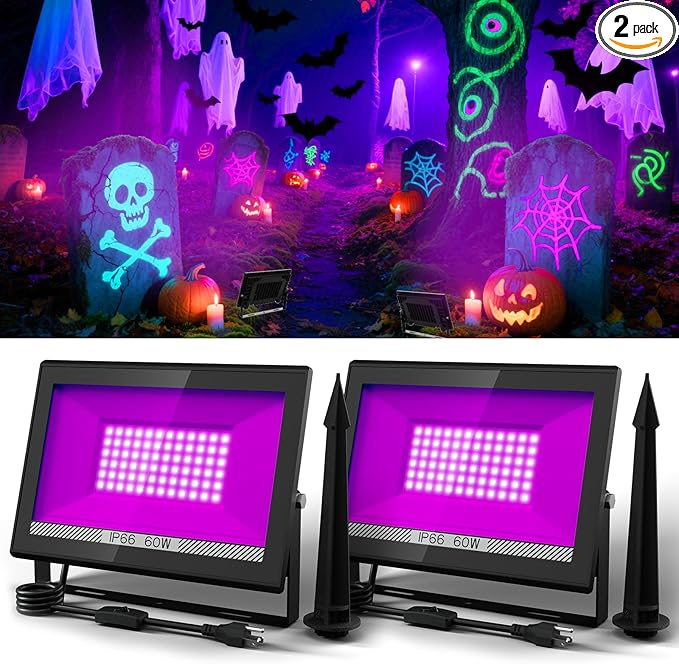 T-SUN 60W LED Black Lights, Blacklight Flood Lights with Plug, IP66 Waterproof Black Light for Glow Party, Halloween Decorations, Fluorescent Poster, Body Paint, Bedroom, Neon Glow, Aquarium