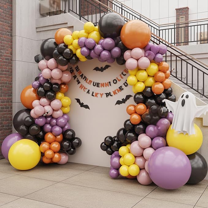 Halloween Balloon Arch Kit,120PCS Halloween Pastel Pink Black Orange Purple Balloons, Ghost Foil Ballons for Halloweenday Party Decorations BOO Party Supply Birthday,Baby Shower