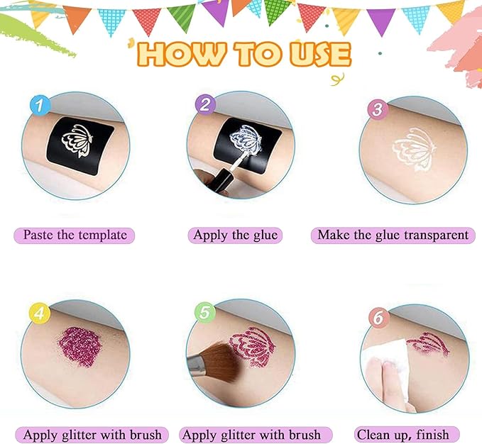 Temporary Glitter Tattoos Kit Kids, 48 Colors Powder with 209 Temporary Tattoo Stencils and 5 Luminous Tattoo Stickers, Body Nail Arts and Craft Glitter Make Up Kit, Gifts for Girl Boy Party
