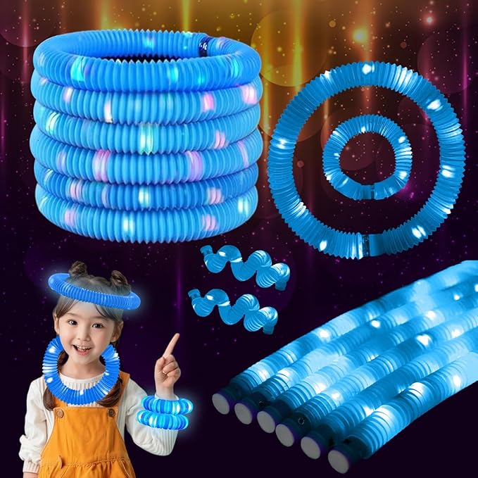 Blue 24PCS Light Up Pop Fidget Tubes Party Favors-Glow in The Dark Party Supplies for Kids and Adults, Perfect for Festivals, Birthday Parties, Raves, Concerts, and Camping Decorations
