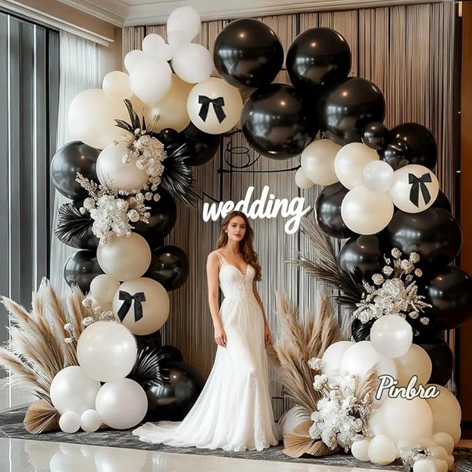 Black White Balloon Arch, Double Stuffed Pearl White Black Bow Balloon Garland Cream Ivory Sand Latex Balloons for Birthday Wedding Bridal Shower Engagement Halloween New Year Party Decorations