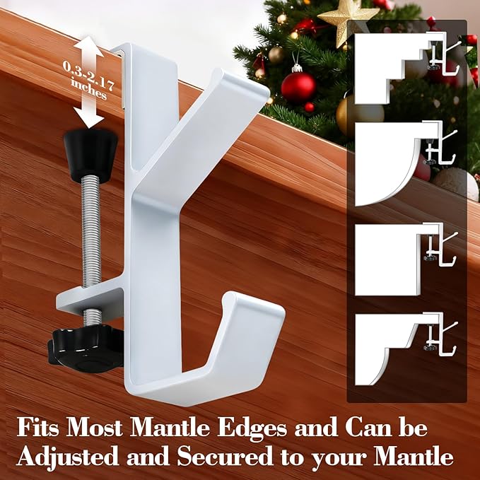 4 Pack Stocking Holders for Mantle for Christmas Decorations,2 in 1 Mantle Garland Holder for Hanging Christmas Stockings,No Drilling Required & Adjustable Garland Hanger, Metal(White)