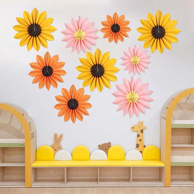 Homarkable 9 PCS Paper Flowers Decorations, Yellow, Pink and Orange Birthday Decorations, Sunflower Folding Paper Fans, Classroom Decoration Floral Backdrop Decor