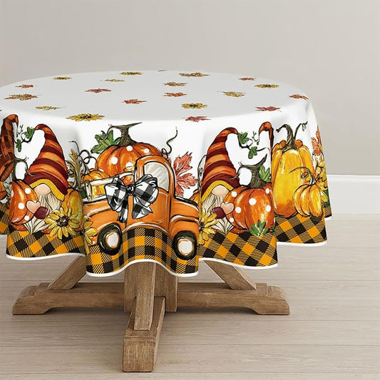 Horaldaily Fall Tablecloth 90×90 Inch Round, Thanksgiving Autumn Harvest Orange Truck Gnome Pumpkin Buffalo Plaid Table Cover for Party Picnic Dinner Decor