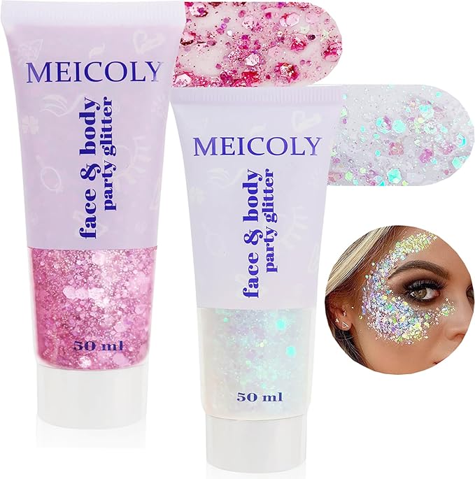 MEICOLY Pink and Clear White Face Body Glitter Set,Pink Face Glitter Gel,Singer Concerts Festival Rave Accessories,Glitter Face Paint for Women Kids,Mermaid Glitter Makeup,Body Glitter for Women