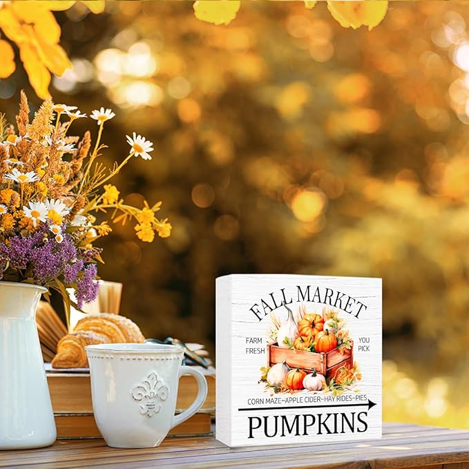 Funny Autumn Wood Box Sign Fall Market Pumpkins Wooden Block Desk Decor for Home Office Kitchen Cubicle Table Shelf Tabletop,Farmhouse Fall Sign Decor