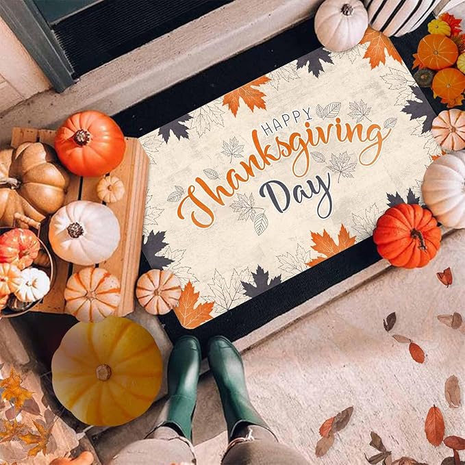 InterestPrint Happy Thanksgiving Day Door Mat Outdoor for Front Door, Fall Maple Leafs Welcome Doormat Non-Slip Washable Autumn Leaves Doormat Entrance Rug for Indoor Outdoor