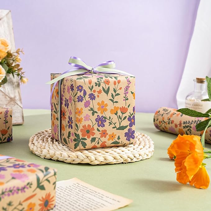 WRAPAHOLIC Kraft Floral Wrapping Paper Roll - Mini Roll - 17 Inch x 33 Feet - Vintage Flower Wrapping Paper, Perfect for Wedding, Birthday, Bridal Shower, Tea Party