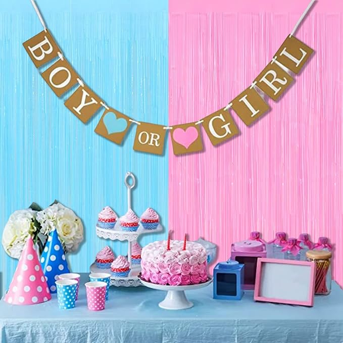 4 Pack 3.2Ft x 9.8Ft Pink Blue Fringe Curtain Backdrop, Metallic Tinsel Foil Fringe Streamers Curtains Background for Photo Booth Wedding Gender Reveal Backdrop Boy or Girl Birthday Party Decoration