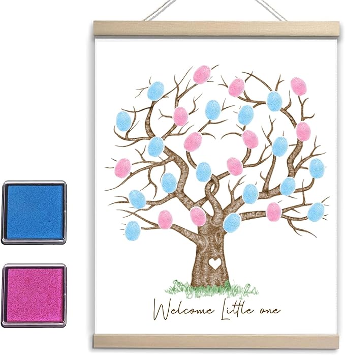 QZCYU Gender Reveal Fingerprint Tree Canvas Guest Books, Baby Shower Decorations, Gender Reveal Party Decorations Gifts Ideas, Baby Shower Party Supplies, Thumbprint Hanging Paintings(12x15in)