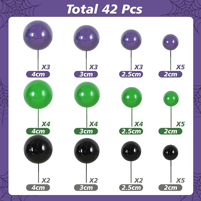 BEISHIDA 40 Pcs Foam Ball Cake Toppers with Sticks Mini Cake Decorations for Birthdays, Baby Showers, Halloween Cake Toppers, Video Game Birthday Party Cake Decorations(Black,Green, Purple)