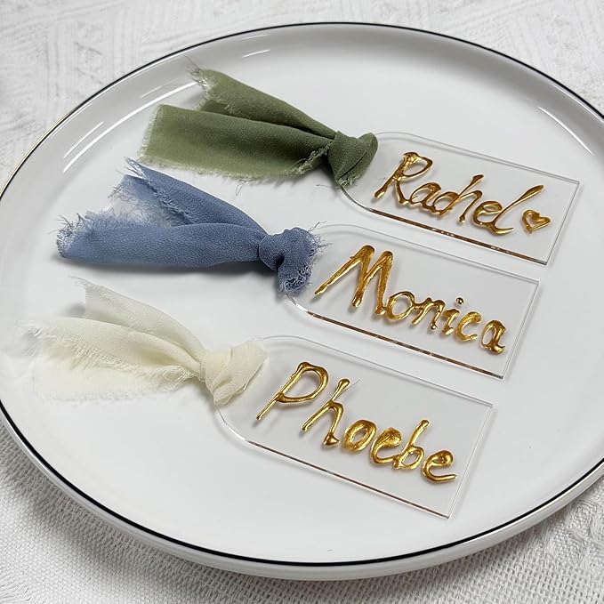 30Pcs Acrylic Place Card for Wedding Clear Transparent Acrylic DIY Table Seating Cards Wedding Supplies with White Ribbon