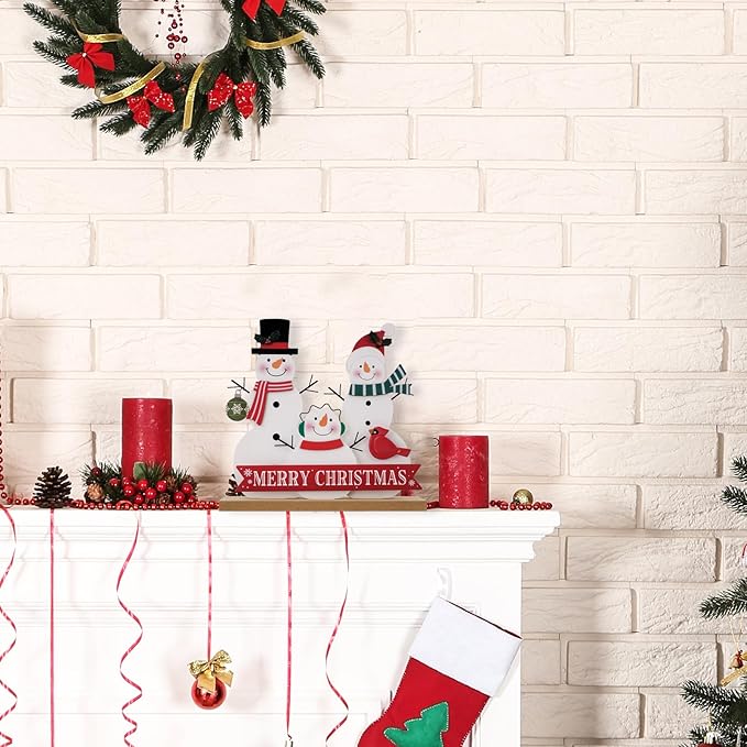 Christmas Decorations for Home Farmhouse Merry Christmas Decor Indoor Wooden Snowman Sign Snowmen Family Rustic Winter Vintage Holiday Block Tabletop for Kitchen Xmas Party Mantel Tiered Tray Gift