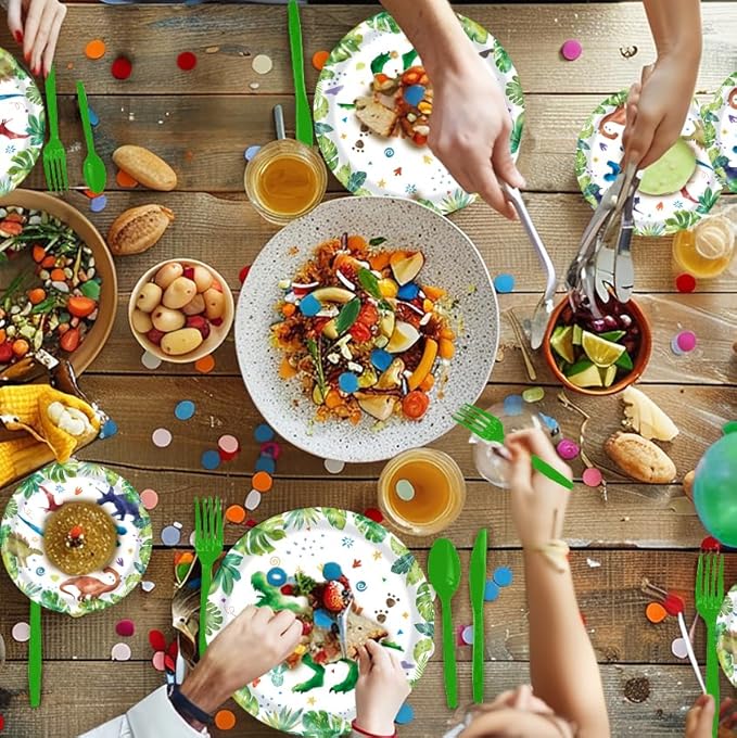 142 Pcs Watercolor Dinosaur Party Supplies Dinosaur Theme Birthday Party Decoration Includes Plates Cups Napkins Knives Forks Spoons Tableware for Boys Birthday,Serves 20 Guests