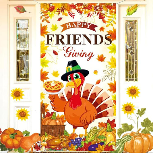 Happy Friendsgiving Decorations Door Cover Banner Large Size for Thanksgiving Friends Giving Themed Party Decorations Indoor Outdoor Supplies 71x35inch