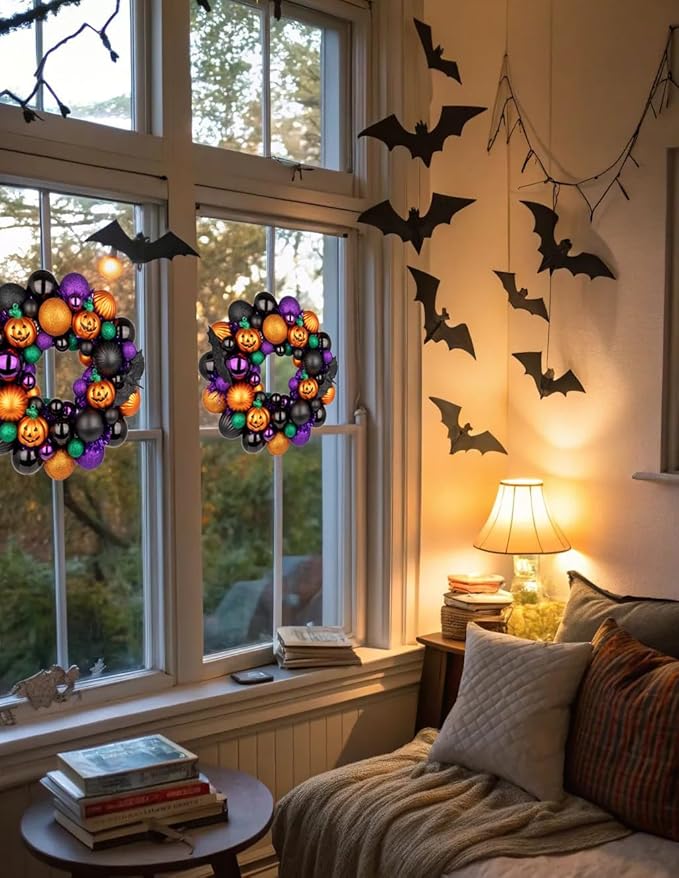 Halloween Wreath for Front Door, 13 inch Small Halloween Ball Wreath with Pumpkins Bats Shatterproof Front Door Wreaths Orange/Purple/Black Ball Ornament for Wall Mantel Porch Indoor Outdoor Decor