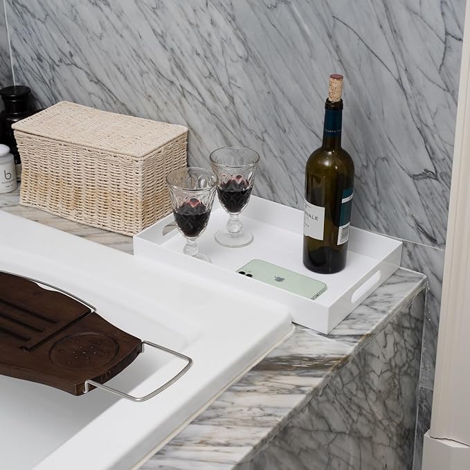 Glossy White Sturdy Acrylic Serving Tray with Handles 10x15x2H Inches -Spill Proof- Decorative Trays Countertop Organizer for Ottoman Coffee Table Nightstand, sidetable, Breakfast, Tea, Food