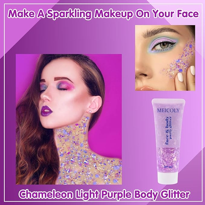 MEICOLY Chameleon Light Purple Hair Glitter,Chunky Face Body Glitter for Halloween,Color Changing Mermaid Face Glitter,Holographic Glitter Sequin for Face Body Hair,Festival Party Cheer Glitter Makeup