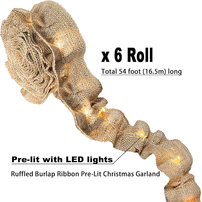 Lighted Burlap Ribbon Garland Christmas Tree Decorations 9 Ft x 6-Rolls Pre-Lit Burlap Christmas Garland with LED Lights Battery Operated, Rustic Boho Natural Jute Vintage Country Farmhouse Home Decor