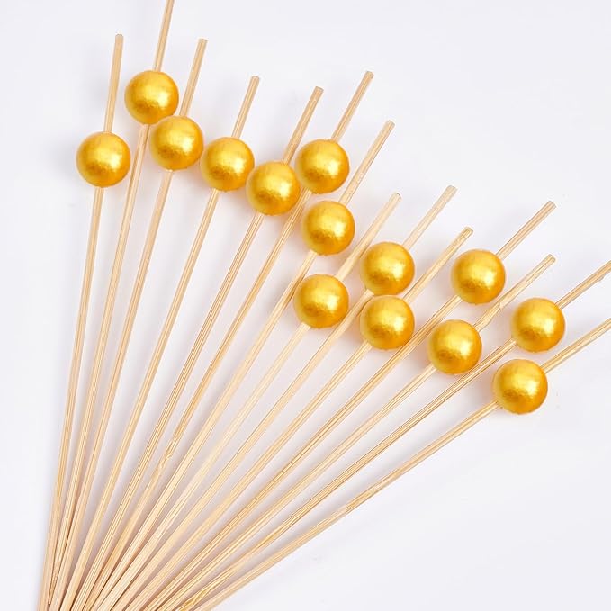 PuTwo Cocktail Picks Handmade Bamboo Appetizer Toothpicks 100 Counts 4.7” Yellow Pearls