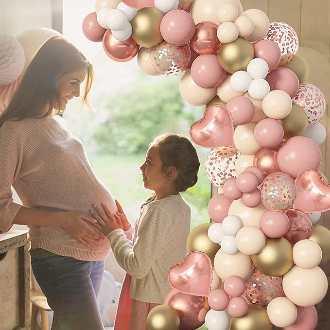 Amandir 153Pcs Boho Blush Balloon Garland Arch Kit, Double-Stuffed Nude Cream Peach Dusty Rose Pink Gold Confetti Metallic Balloon for Baby Shower Birthday Party Wedding Decorations