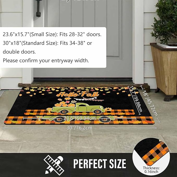 Fall Welcome Maple Leafs Decorative Door Mat, Autumn Thanksgiving Doormat for Indoor Outdoor Entrance Floor Mats,Fall Pumpkins Non Slip Harvest Vintage Decor Rubber Welcome Mats 30" x 18" Inch