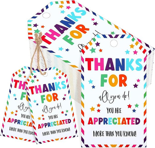 Spiareal 200 Pcs Thank You Gift Tags Bulk Thanks for All You Do Rainbow Tags with String White Paper Gift for Employee Appreciate Wedding Thanksgiving Party