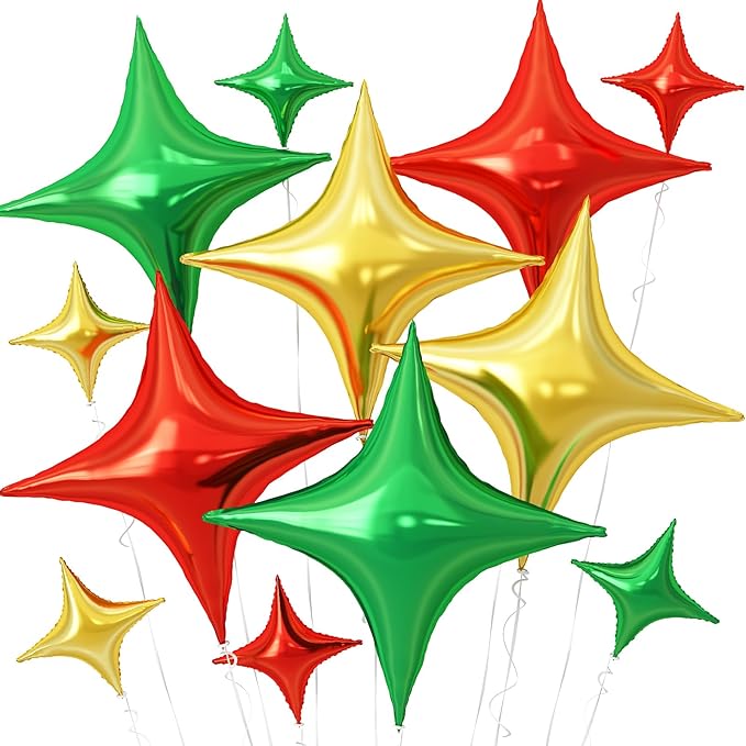 Red Green Gold Christmas Balloons,12Pcs Four Angle Star Foil Balloons,26Inch and 10Inch Red Green Gold Quadrangle Helium Polyester Balloon for Christmas Xmas New Year Birthday Party Decorations