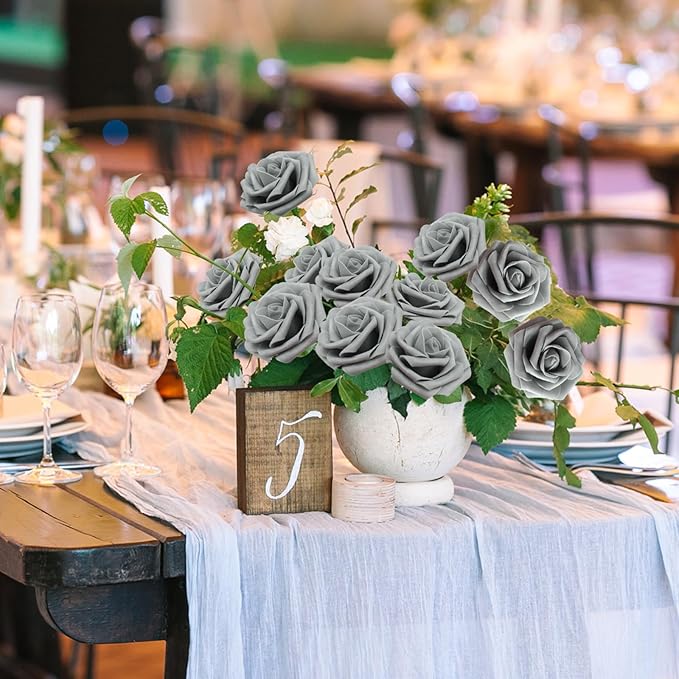 JOYLEX 100Pcs Grey Artificial Flowers Realistic Roses, Real Looking Fake Roses with Stem for DIY Wedding Bouquets Centerpieces Bridal Shower Party Home Romantic Decorations (Grey,100pcs)
