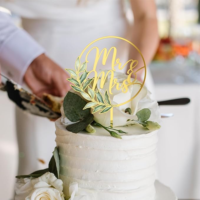 Mr & Mrs Cake Topper Gold Acrylic Greeny Wedding Cake Topper Decoration (Design 02)