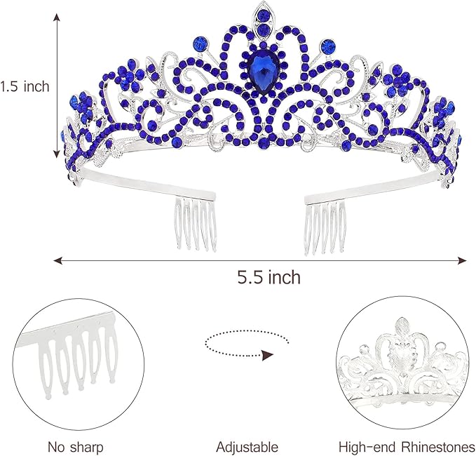 Velscrun Happy Birthday Queen Blue Silver Tiara Crowns for Women, Sash, Party Favors Supplies Gift for Her, 50th Party Decorations, Stuff Accessories