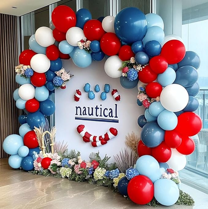 Red Blue White Balloon Arch Double Stuffed Navy Royal Dusty Blue Ruby Red Balloon Garland Kit with Latex for Birthday Baseball Baby Shower Nautical Graduation Veterans Day Party Decoration