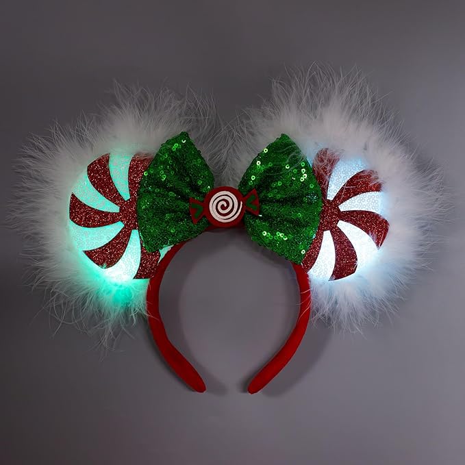 JIAHANG Christmas LED Flash Mouse Ear Headband, Lollipop Light Up Furry Edged Sequin Bow Hairband, Glowing Festival Party Decoration Headwear for Women Girls