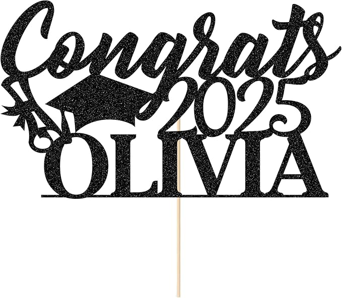 Personalized Cake Topper Custom Congrats Graduation Hat Student Class of 2025 Double Sided Glitter Card with Any Name (Black)
