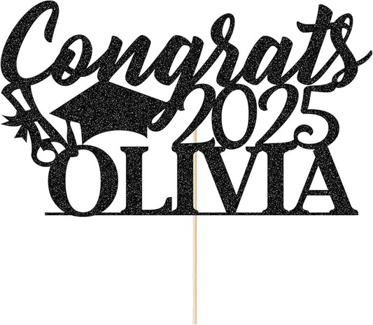 Personalized Cake Topper Custom Congrats Graduation Hat Student Class of 2025 Double Sided Glitter Card with Any Name (Black)
