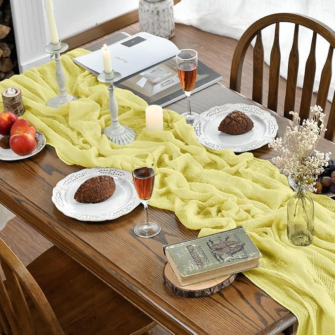 Artoid Mode Boho Light Yellow Gauze Wedding Table Runner, 160 Inch Seasonal Fabric Kitchen Dining Holiday Table Decor for Home Party Indoor