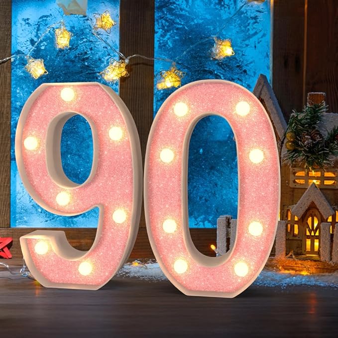 Marquee Light up Numbers 0-9, Battery Powered LED Light, Pink Glitter Plastic for 90th Birthday Decorations, Graduation Engagement Wedding Decor (Number 90)