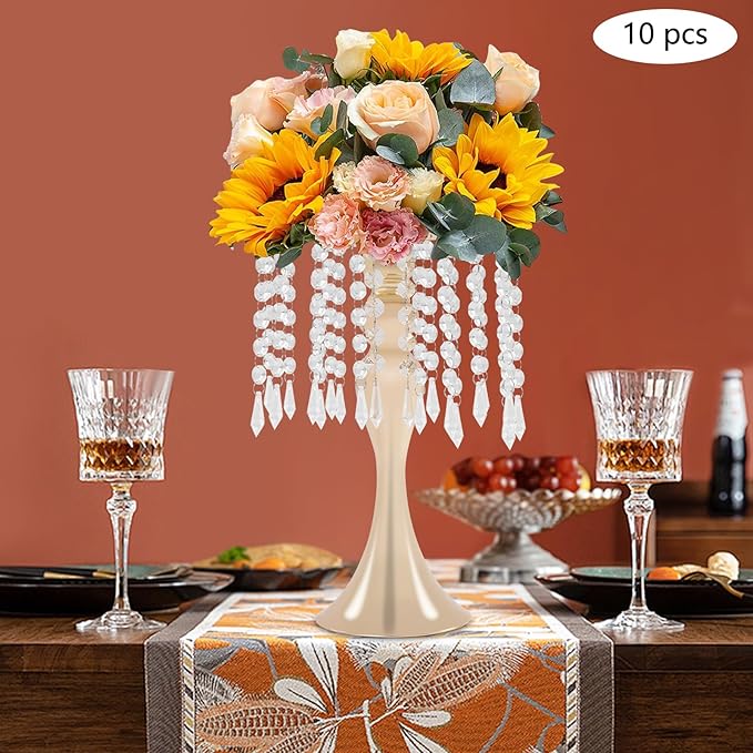 Wedding Centerpieces Gold Vases,10PCS Metal Flower Candle Holder with Sparkling Crystal Beads,Crystal Flower Vase Metal Flowers Stand for Party Tables Decorations