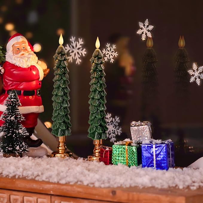 Homemory 3 PCS Flameless Taper Candles with 6-Hours Timer, 9.5 Inches Christmas Tree Candlesticks, Real Wax Battery Operated Window Candles with 3D Flickering Flame for Fireplace Christmas