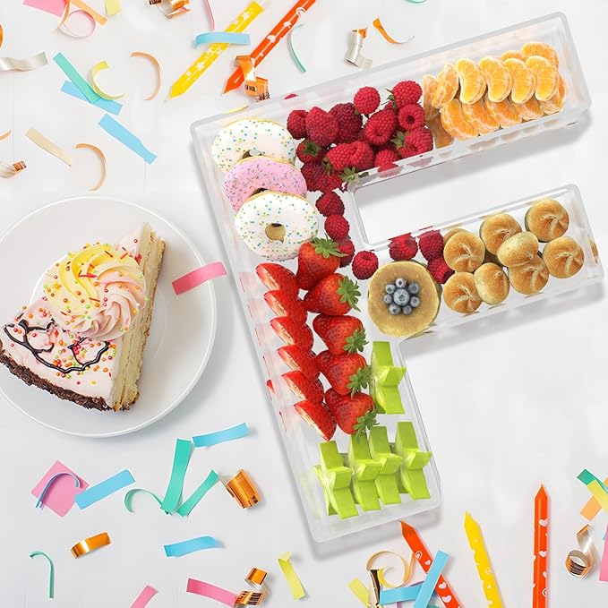 13.8" Extra Large Acrylic Letter Charcuterie Board Box, Reusable Fillable Letter Cake Candy Dish Display Serving Tray for Birthday Anniversary Party Decoration (F)