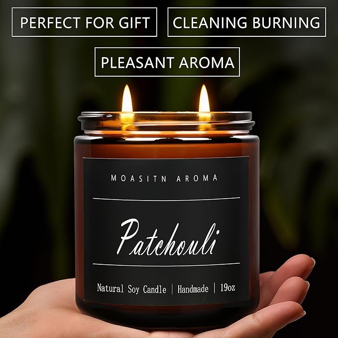 MOASITN Patchouli Large Heavenly Scented Candles for Home|19oz 100h Long Lasting Clean Burn|Natural Soy Aromatherapy Candle|2 Wick Jar Candle for Women,Men as Relaxing,Birthday,Housewarming Gifts